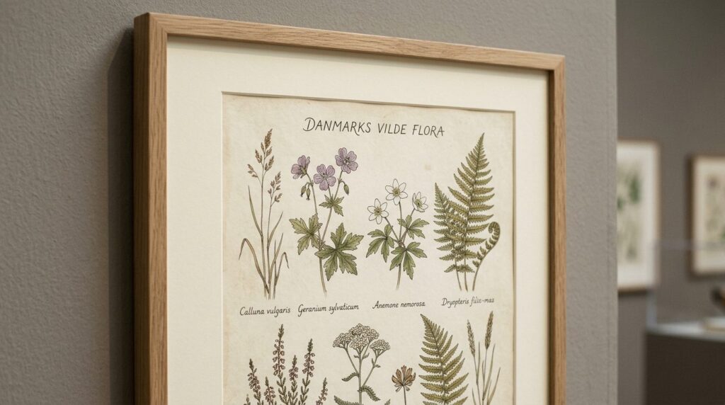 Close-up detail of a museum-quality framed botanical illustr
