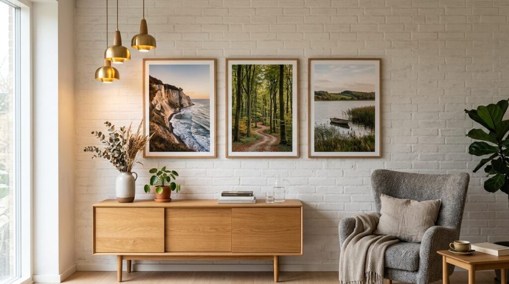 A curated gallery wall in a contemporary Danish home display