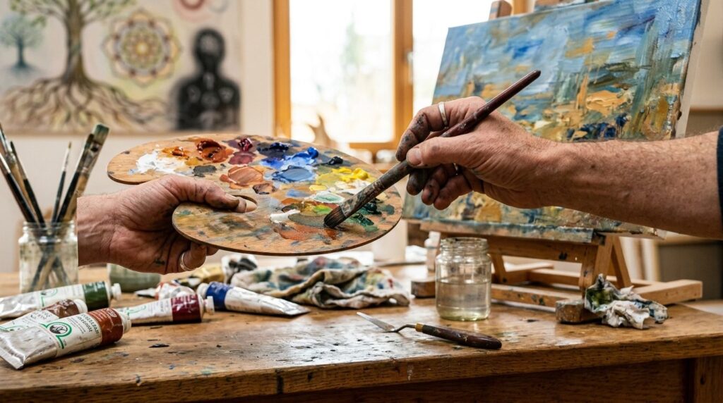 Hænder holder en kunstnerpalette med farver og pensel.