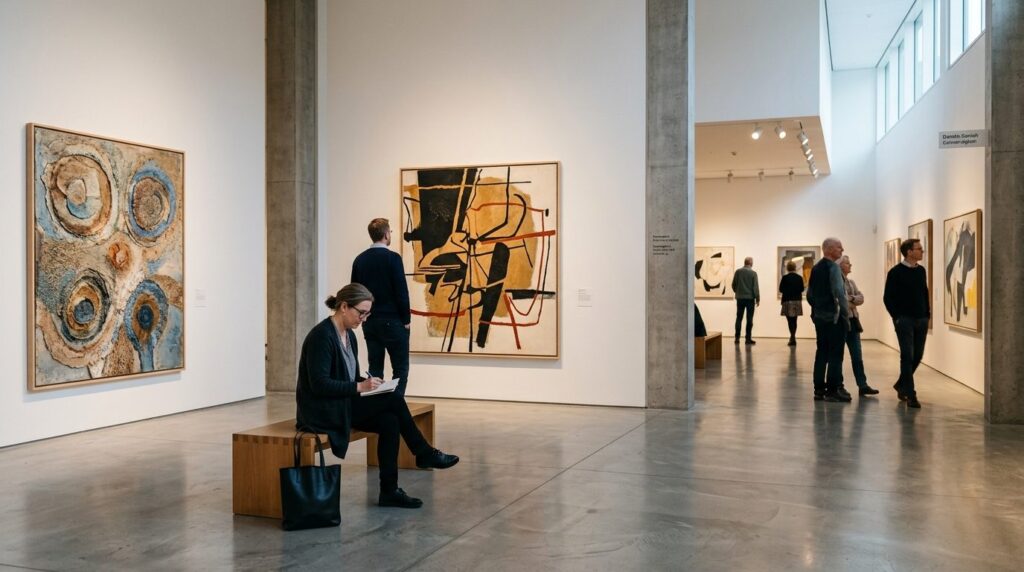 Moderne kunstgalleri med hvide vægge og kunstværker på udstilling.