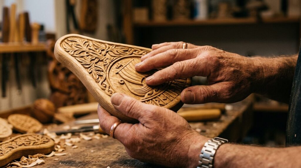 Close-up detail shot of an artisans hands examining a handc