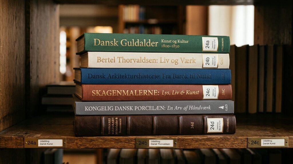 Close-up detail of luxury hardcover Danish art history books