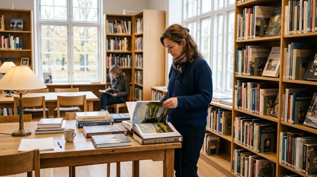 Serene museum visitor or collector browsing Danish cultural