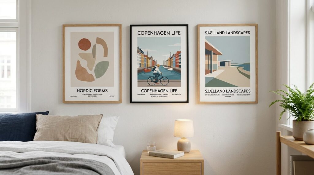 Close-up professional photograph of three 30x40 cm framed po